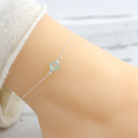 Close-up worn natural aqua blue chalcedony, Gentle aqua blue with delicate chain, Feminine jewelry