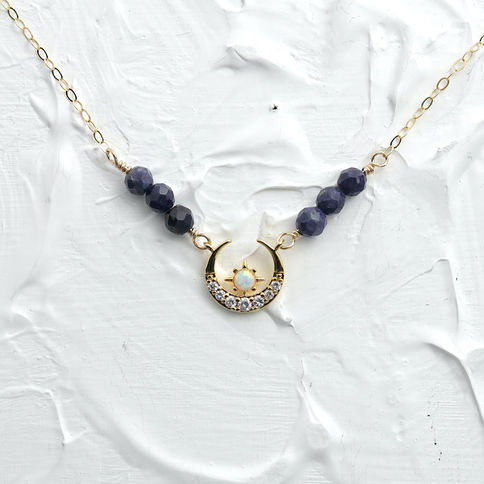 Starry Moon Gold Necklace with Real natural sapphire beads, 14k gold filled cable chain, Shokoro Celestial Jewelry