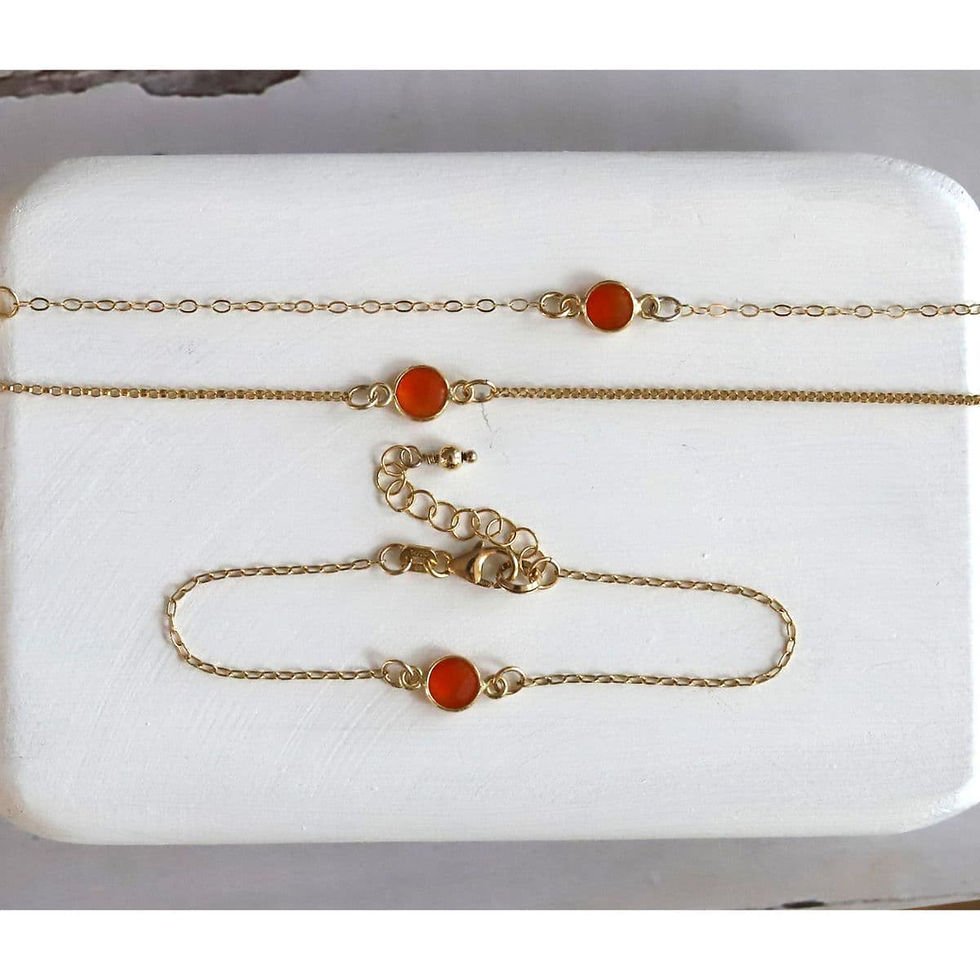 High-quality Carnelian bezel set with dainty 14k gold filled chain bracelet, personalized artisan intention gift for women.