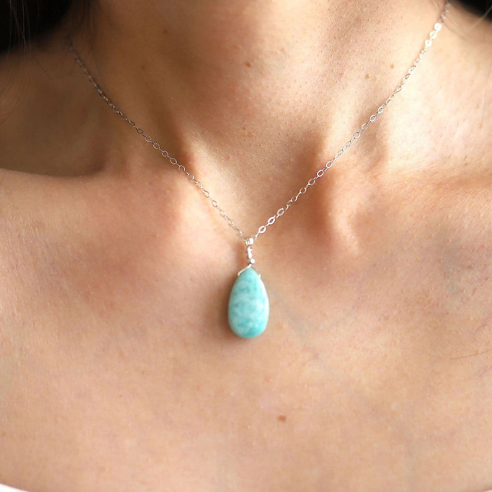 Angled view of Amazonite silver necklace on skin, high-clarity natural gemstone jewelry for calm communication.