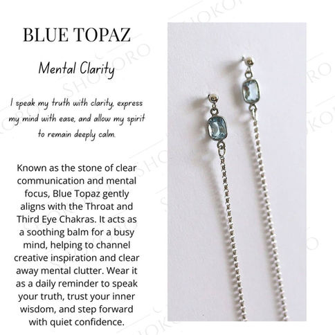 Blue Topaz long chain earrings and healing benefits, artisan jewelry Gift from Shokoro Handmade in Toronto, ON, Canada.