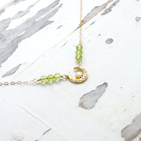 Crescent moon and star with natural green peridot crystal beads necklace, Cosmic symbol unique jewelry