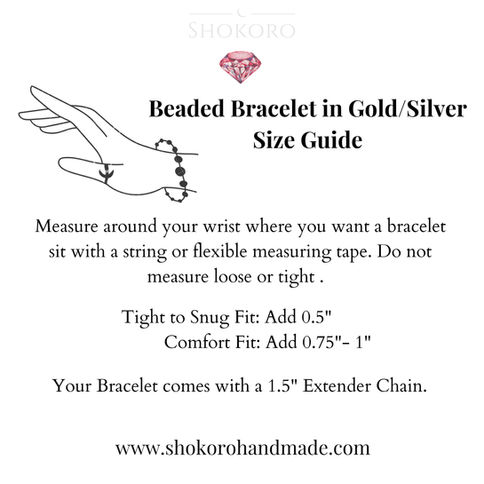 Beaded bracelet size guide with illustration of measuring wrist. Text provides fitting tips and mentions a 1.5" extender chai