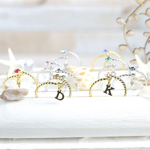 Swarovski Birthstone adjustable ring with initial, Personalized Adjustable ring gold and silver