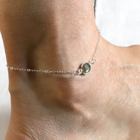 Dainty natural Labradorite bezel with sterling silver chain, handcrafted for layering Summer style and protection by Shokoro.