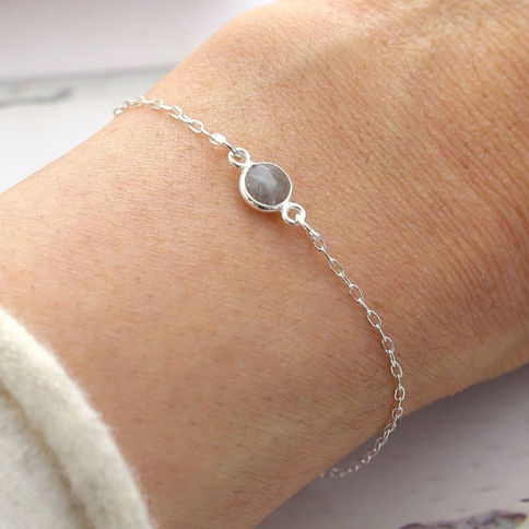 Close-up wearing a delicate labradorite silver bracelet, authentic artisan gemstone for stacking minimalist style.