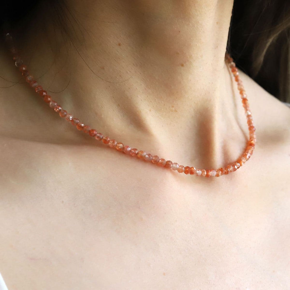 Dainty 3mm Sunstone gemstone necklace layered on collarbone, sparkling gemstone for everyday luxury style.