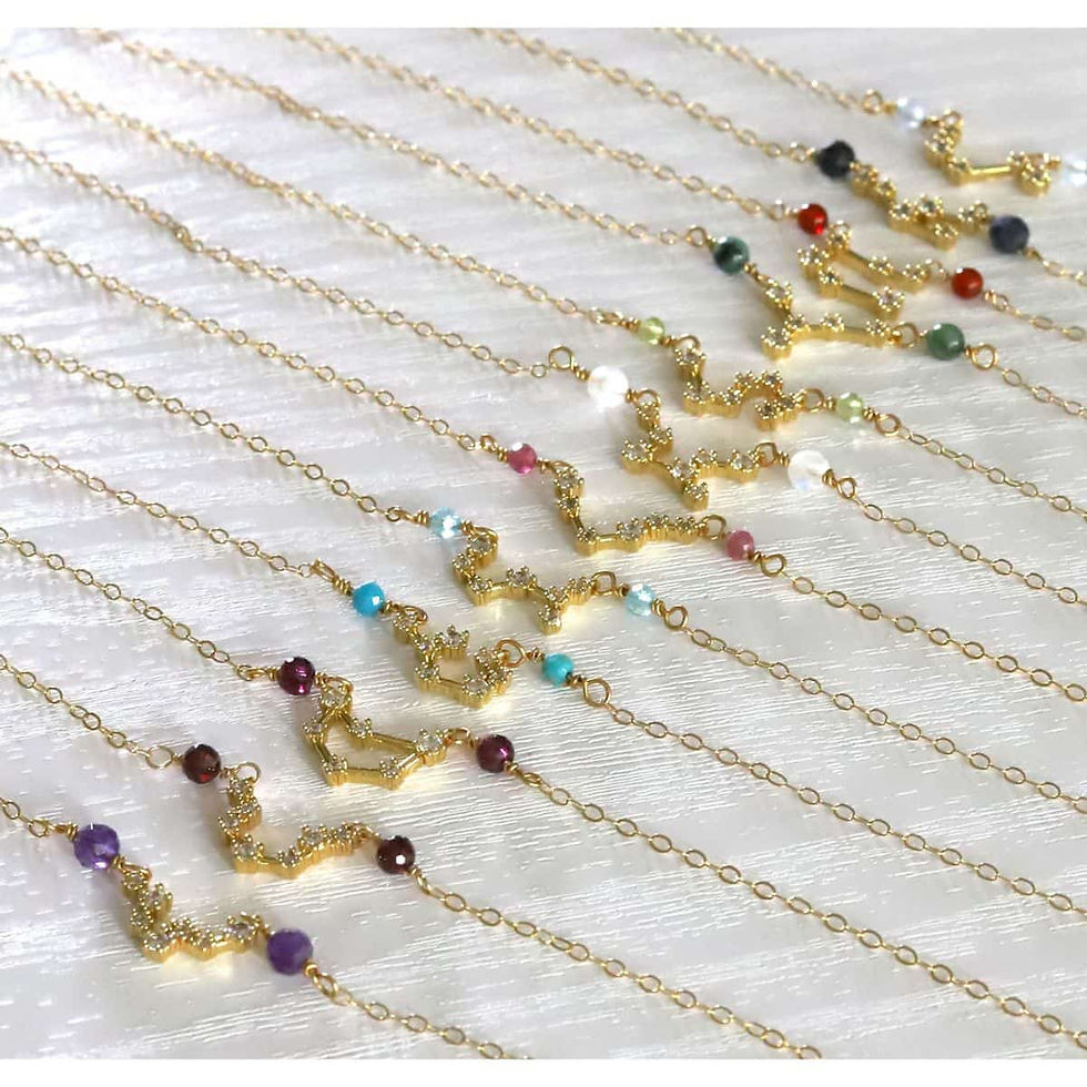 Angled, personalized zodiac constellation necklaces with birthstones, handmade natural gemstone meaningful gift.