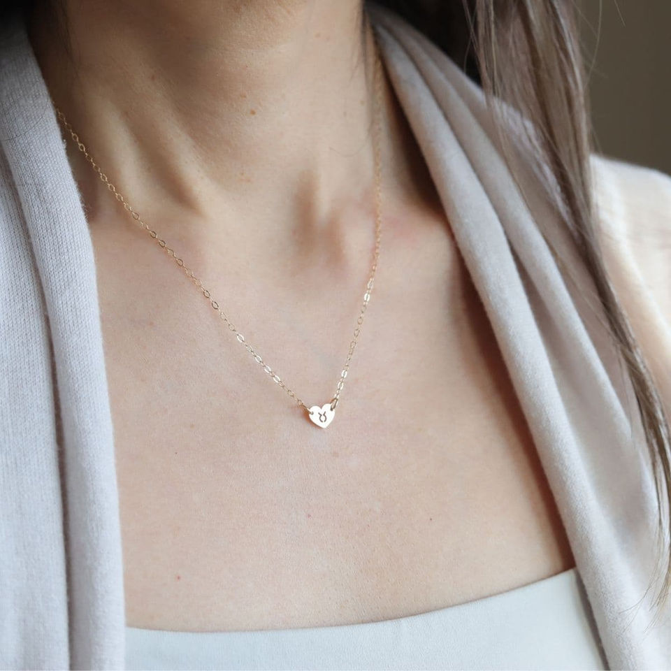 Taurus Earth sign heart necklace styled. Artisan 14k gold filled birthstone choker Shokoro Toronto.