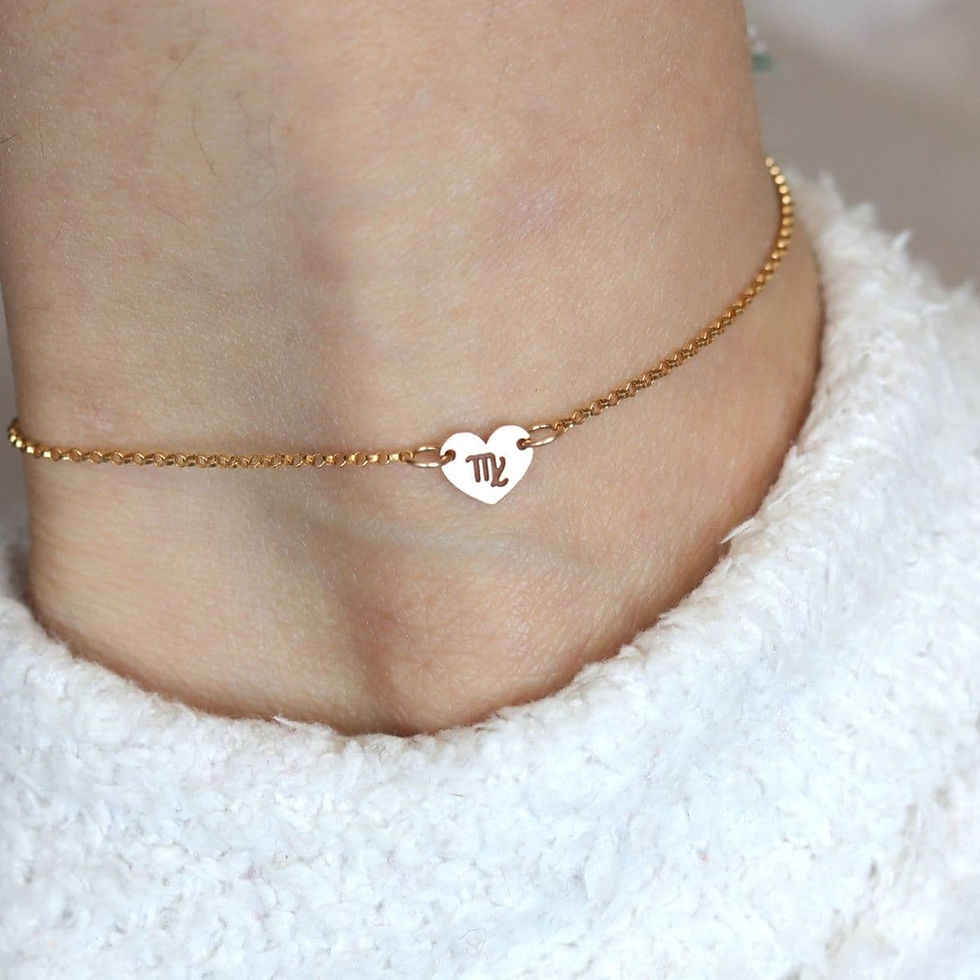Wearing Virgo zodiac heart anklet with elegance 14k gold filled simple chain, handcrafted by Shokoro, Ontario, Canada..