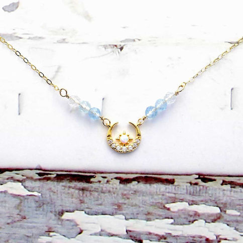 Starry moon necklace with natural aquamarine and dainty gold filled chain, artisan custom gift for women.