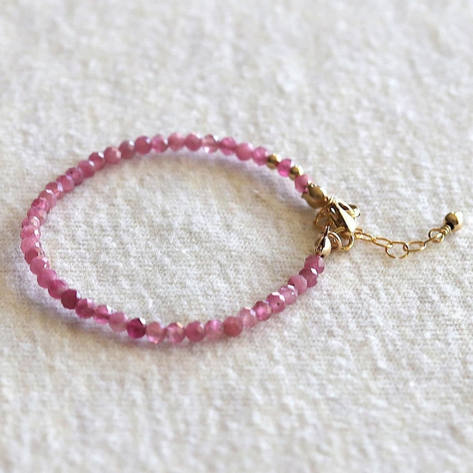 Natural Pink Tourmaline beaded bracelet and premium 14k gold-filled setting, handcrafted for layering eternity from Shokoro.