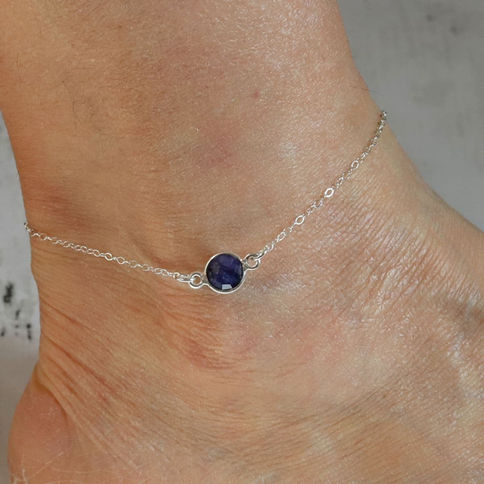Natural sapphire gemstone anklet in .925 sterling silver with delicate cain, Custom elegant birthstone for Summer layering.