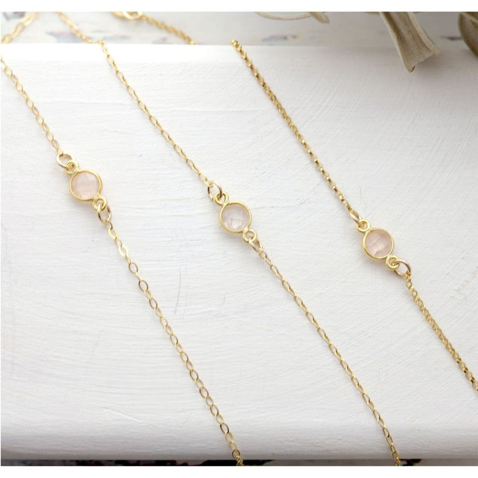 Natural Rose Quartz with dainty gold-filled chain, layering gentle healing and craftsmanship, customized gift for woman.