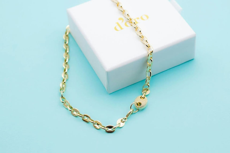 Gold chain necklace draped over a white dodo jewelry box on a light blue background, featuring holiday gift guide from Shokoro Handmade, Toronto, ON, Canada.