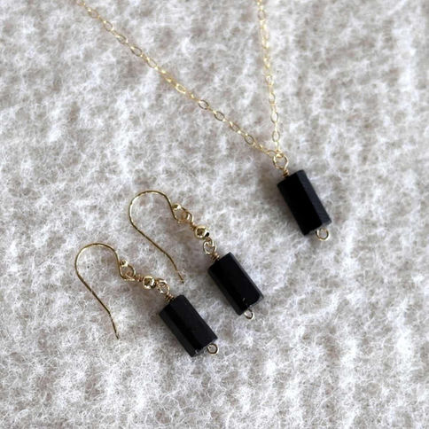 Dainty Shungite gemstone necklace and earrings set. artisan premium 14k gold filled protection gift for her.