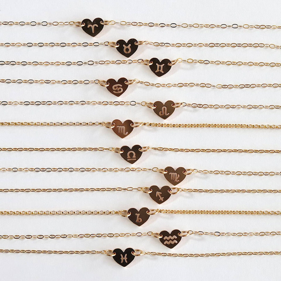 Artisan zodiac heart jewelry for all 12 signs. High-quality 14k gold filled dainty bracelets and anklets. Shokoro Ontario