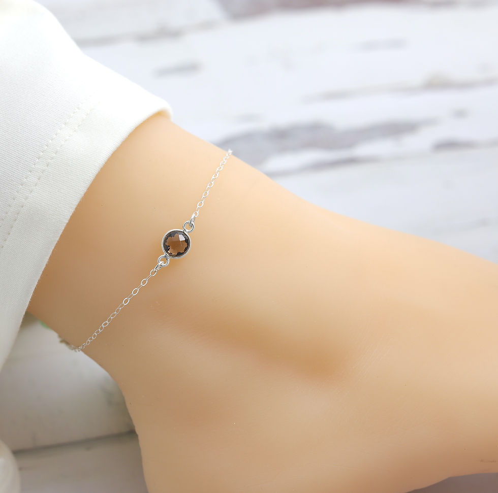 Dainty smoky quartz silver anklet with attached extender chain, Elegant and feminine look protection jewelry