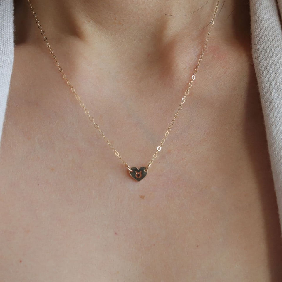 Taurus Earth sign heart necklace styled. Artisan 14k gold filled birthstone choker Shokoro Canada