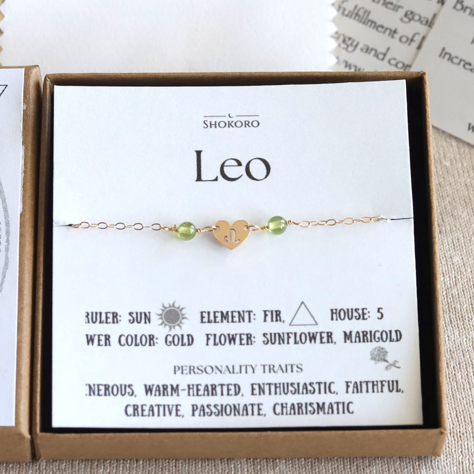 Personalized Leo zodiac birthstone gift box with meaning card. Soulful Fire sign jewelry by Shokoro Handmade.