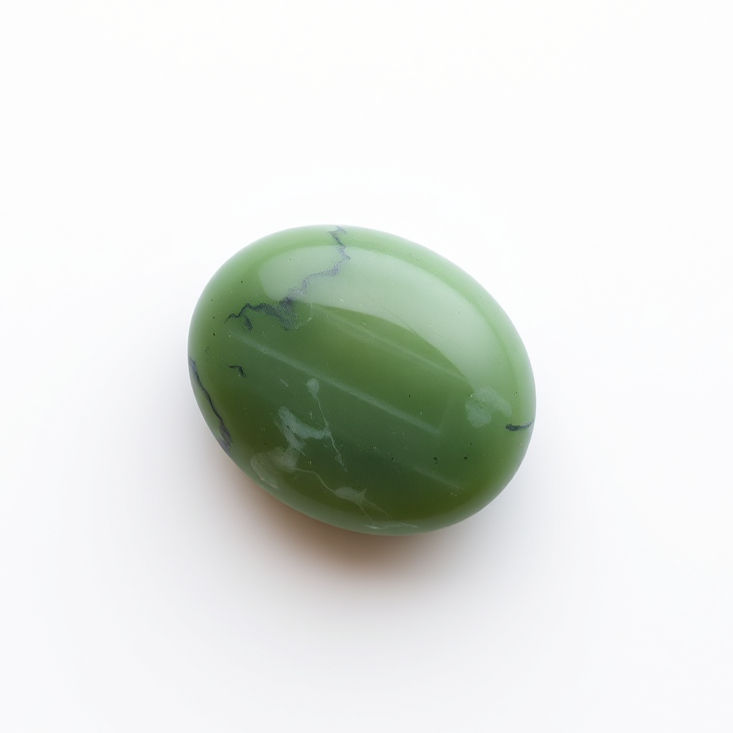 Smooth green serpentine stone with dark veins on white background, glossy surface reflecting light. Simple, calm, natural elegance.