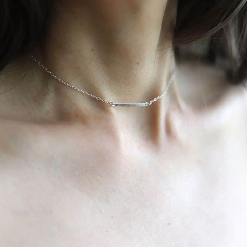 Delicate small bar choker in .925 sterling silver, understated pendant woman gift for everyday styling, Shokoro Canada.