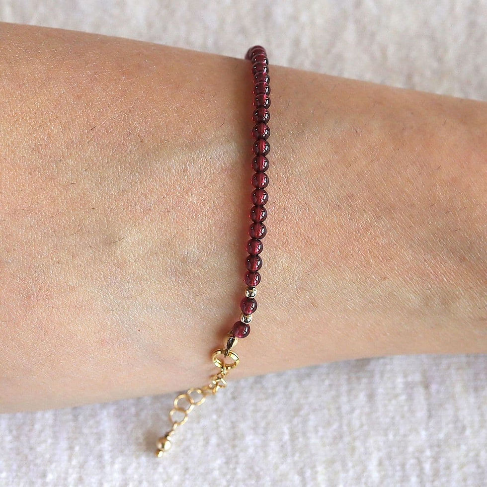 Shokoro Handmade: 5A grade, minimalist Garnet bead bracelet in 14k gold filled setting, Artisan crafted in Ontario, Canada.