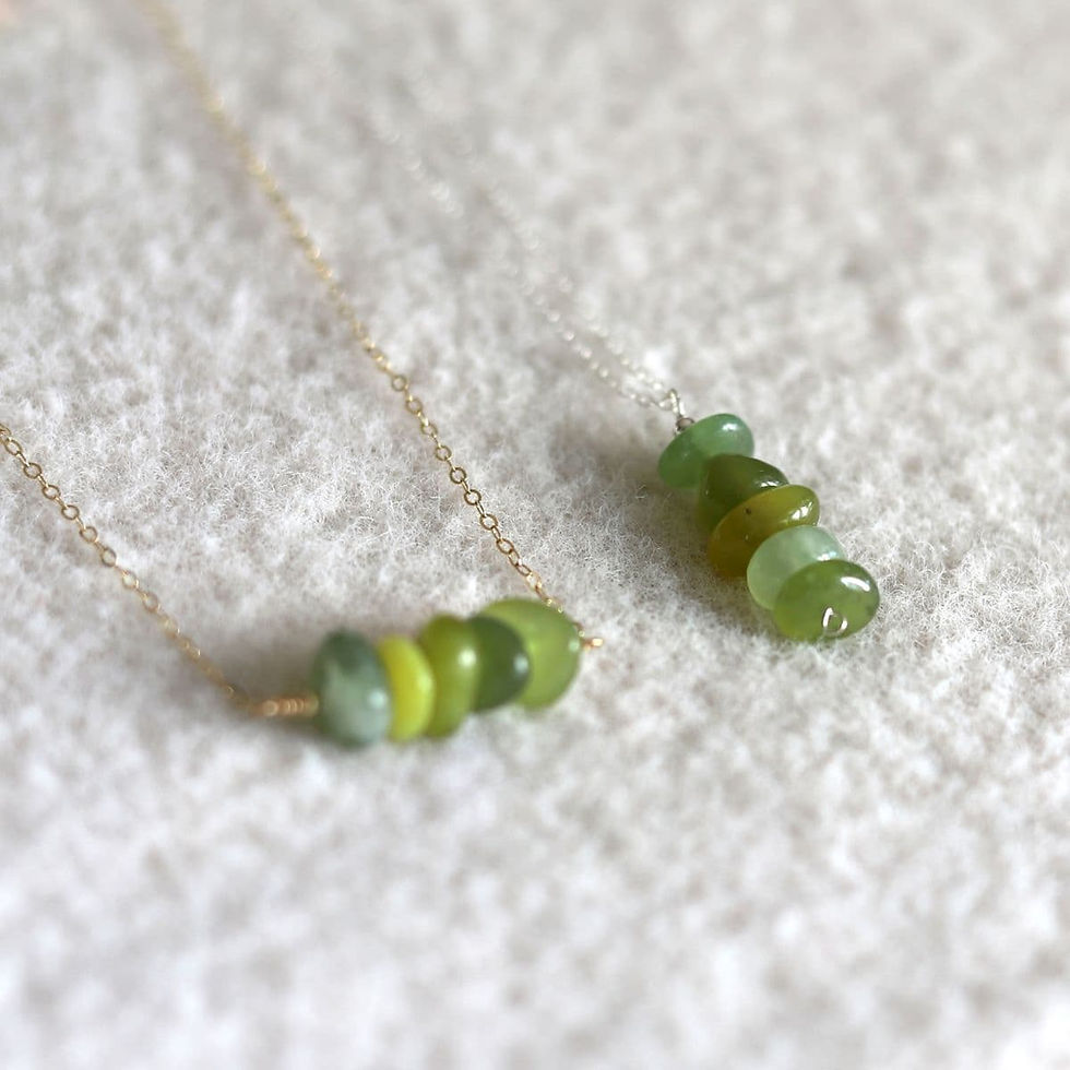 Vertical and horizontal Serpentine gemstone necklace on delicate gold and silver chains, Quiet Luxury for layering intention.