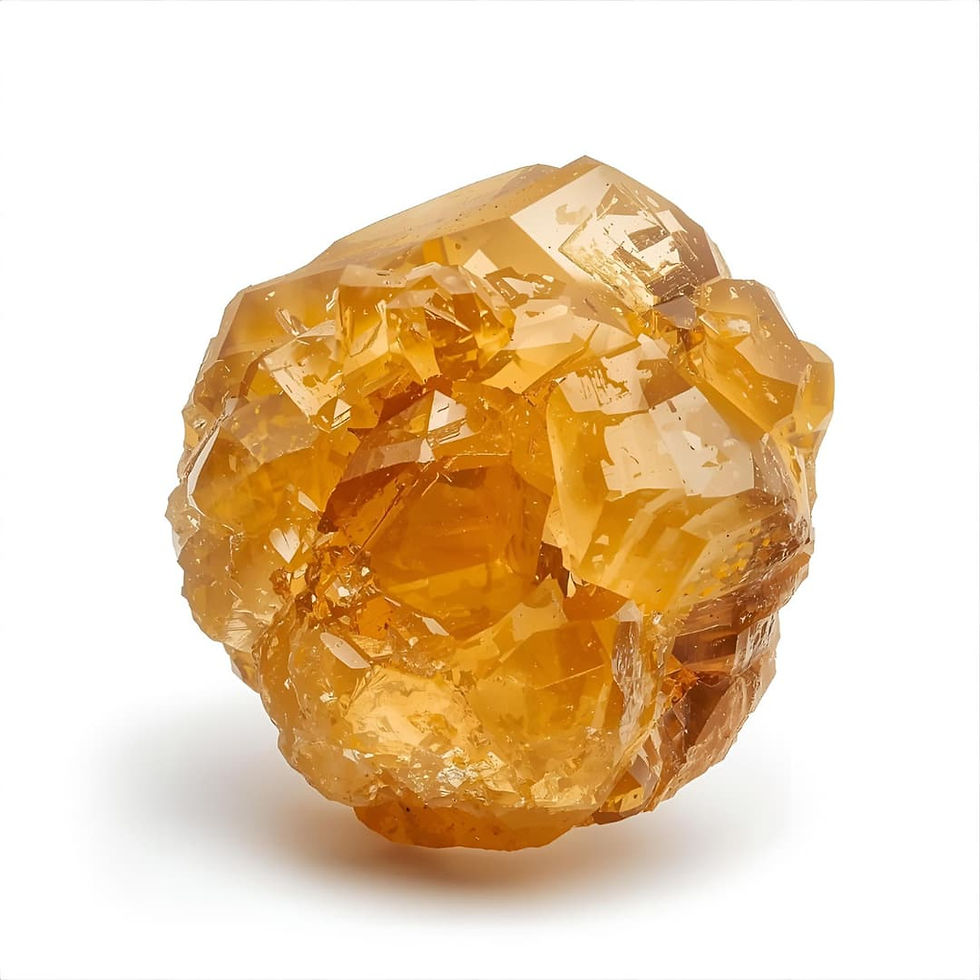 A large, translucent citrine crystal with sharp facets and a glossy surface set against a white background, showcasing its intricate details.