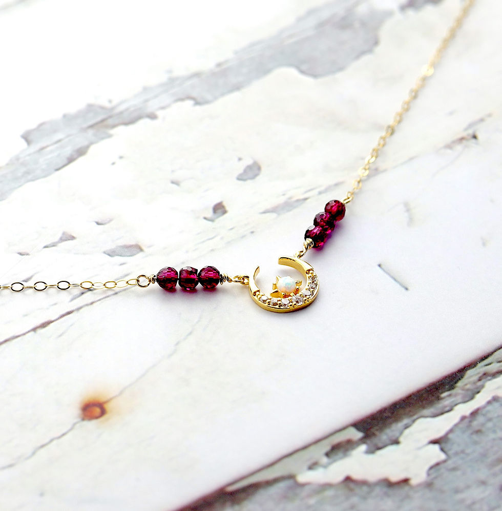 Moon and star charm with natural garnet pendant, Cosmic symbol and healing crystal statement jewelry