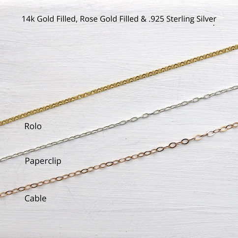 Premium 14k gold-filled, sterling silver, and rose gold chains for artisan custom gemstone jewelry from Shokoro Handmade.