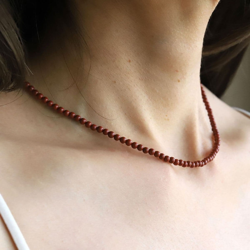 Dainty 3mm terracotta Red Jasper gemstone necklace layered on collarbone, vibrant gemstone for everyday luxury style.