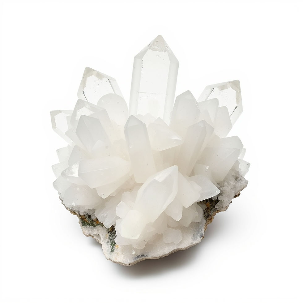 Cluster of translucent quartz crystals with pointed tips on a white stone base. The background is plain white, highlighting the crystals.