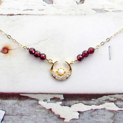 Starry moon necklace with natural garnet and dainty 14k gold filled chain, handcrafted personalized collection by Shokoro.