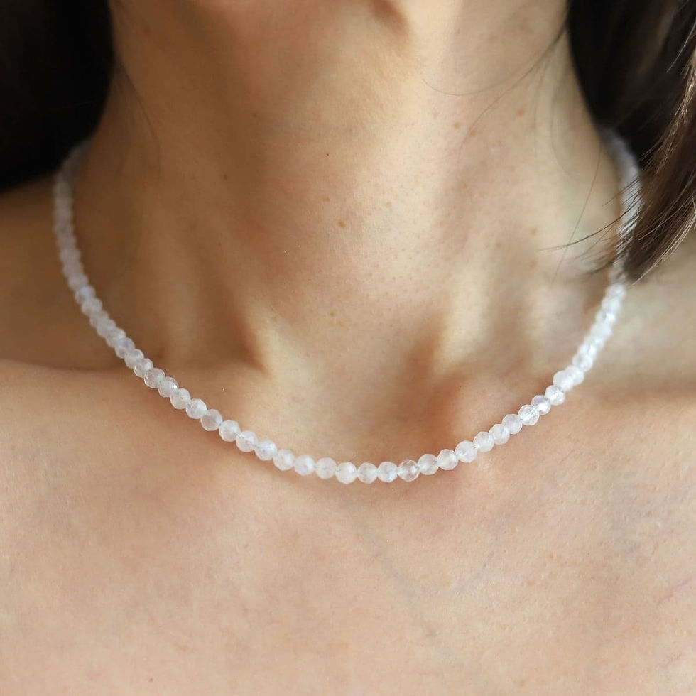 Model wearing 4mm clear Moonstone beaded necklace, showing minimalist design and high-quality gemstone, quiet luxury stylie.
