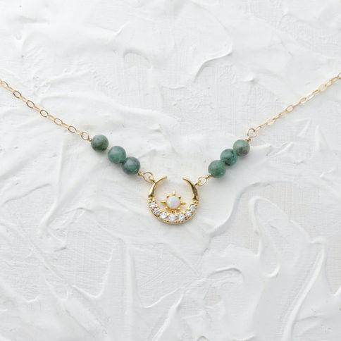 Starry moon gold necklace with AAA natural Emerald Beads, feminine heavenly symbolism pendant, 14k gold filled cable chain