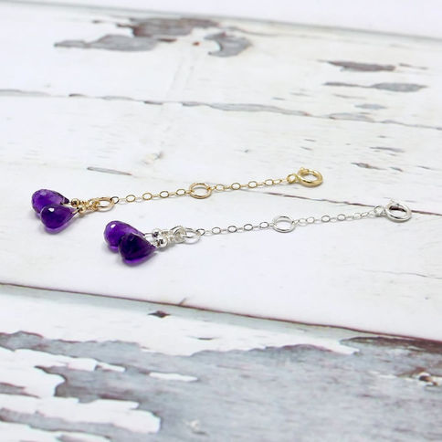 Two necklace extender chains with purple amethyst charm in gold filled and silver, handcrafted for layering intention.