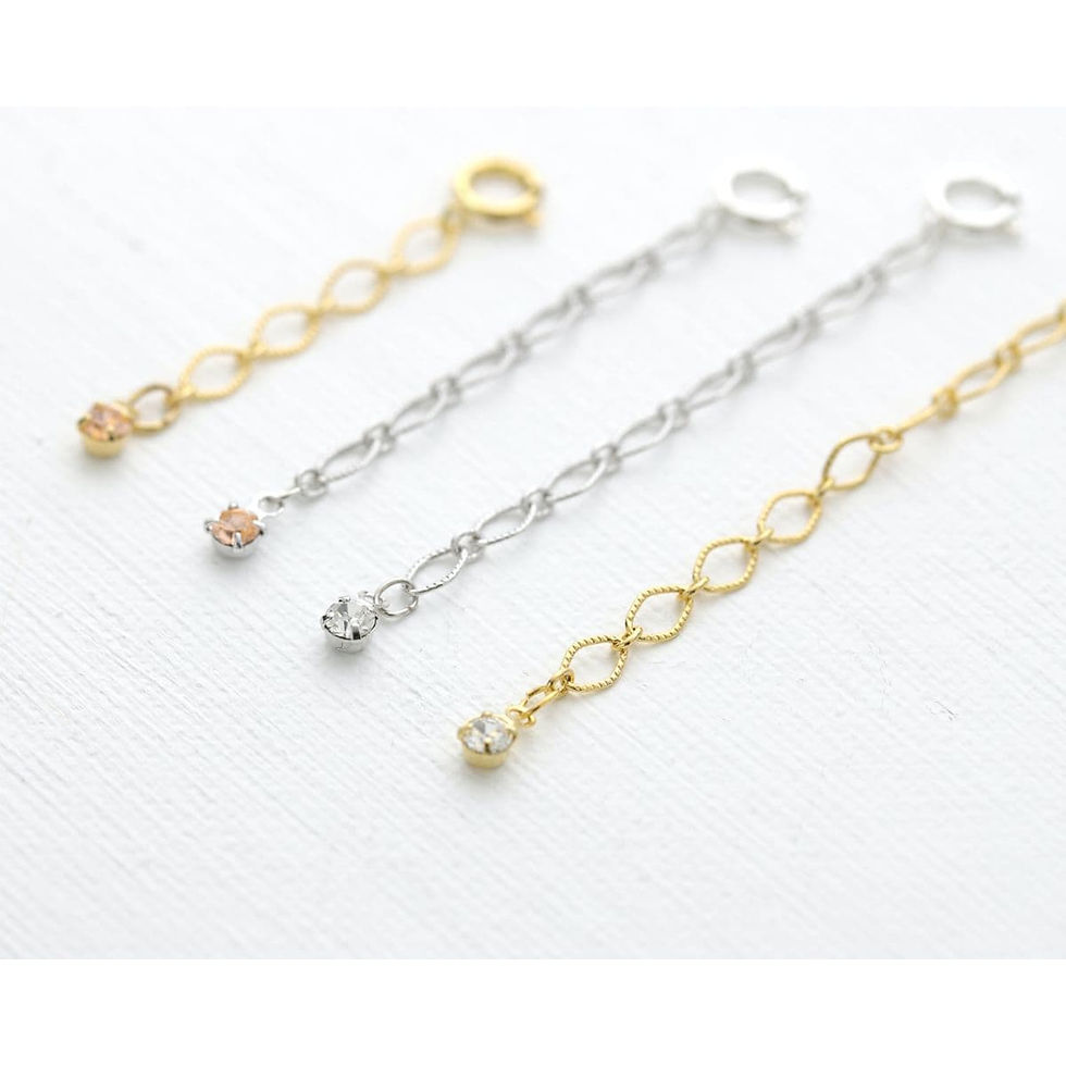 Angled gold and silver jewelry extenders with sparkling rhinestone, 4 types of length for styling everyday luxury wear.