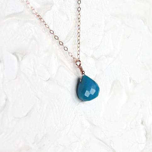 High-quality, AAA Arizona Turquoise dro, 14k Rose Gold Filled necklace showing the stone's solid blue hue. Handcrafted Toront