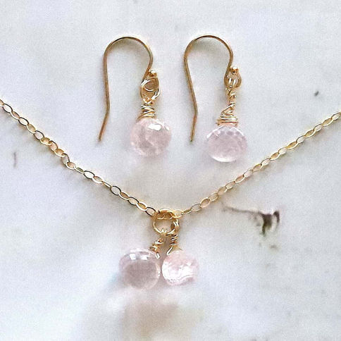 Rose Quartz drop necklace earring in 14k gold filled, showing artisan detail and high clarity gemstone, jewelry set gift.