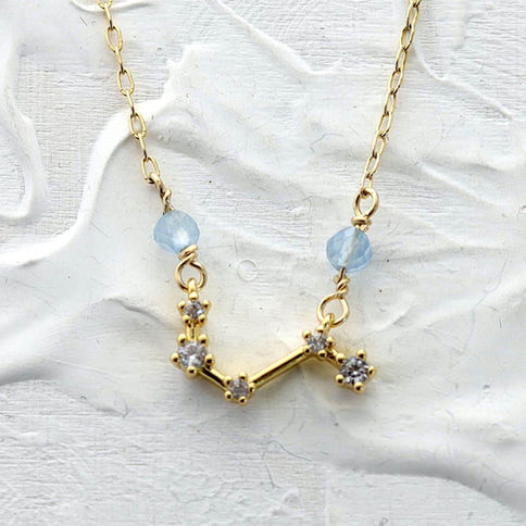 Aries zodiac constellation necklace on a dainty gold-filled chain. Clean, minimalist front view, personalized birthstone gift