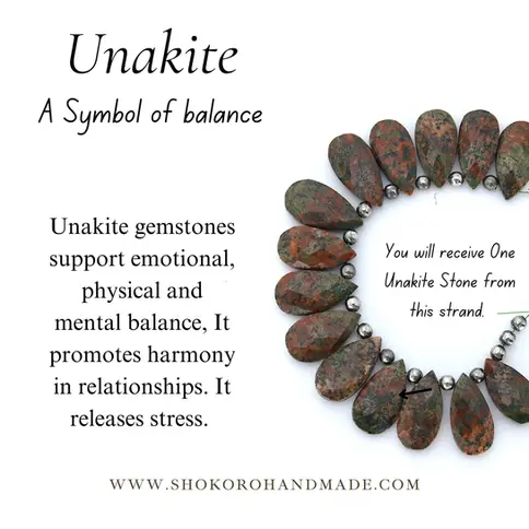 Unakite gemstone strand with green and orange teardrop beads. Text shows its balance benefits. Website: shokorohandmadee