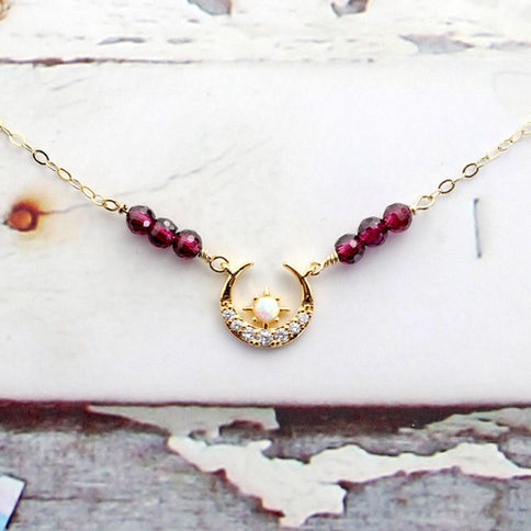 Natural Purple Garnet with crescent moon gold necklace, unique birthstone jewelry, perfect for Young adult, jewelry gift set