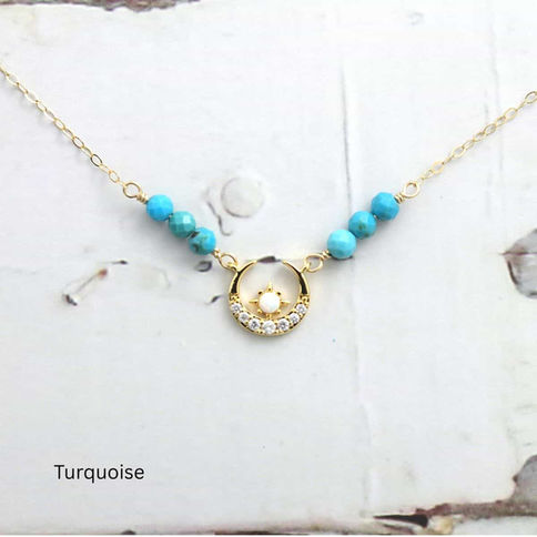 Starry moon necklace with natural turquoise and dainty 14k gold filled chain, handcrafted personalized collection by Shokoro.