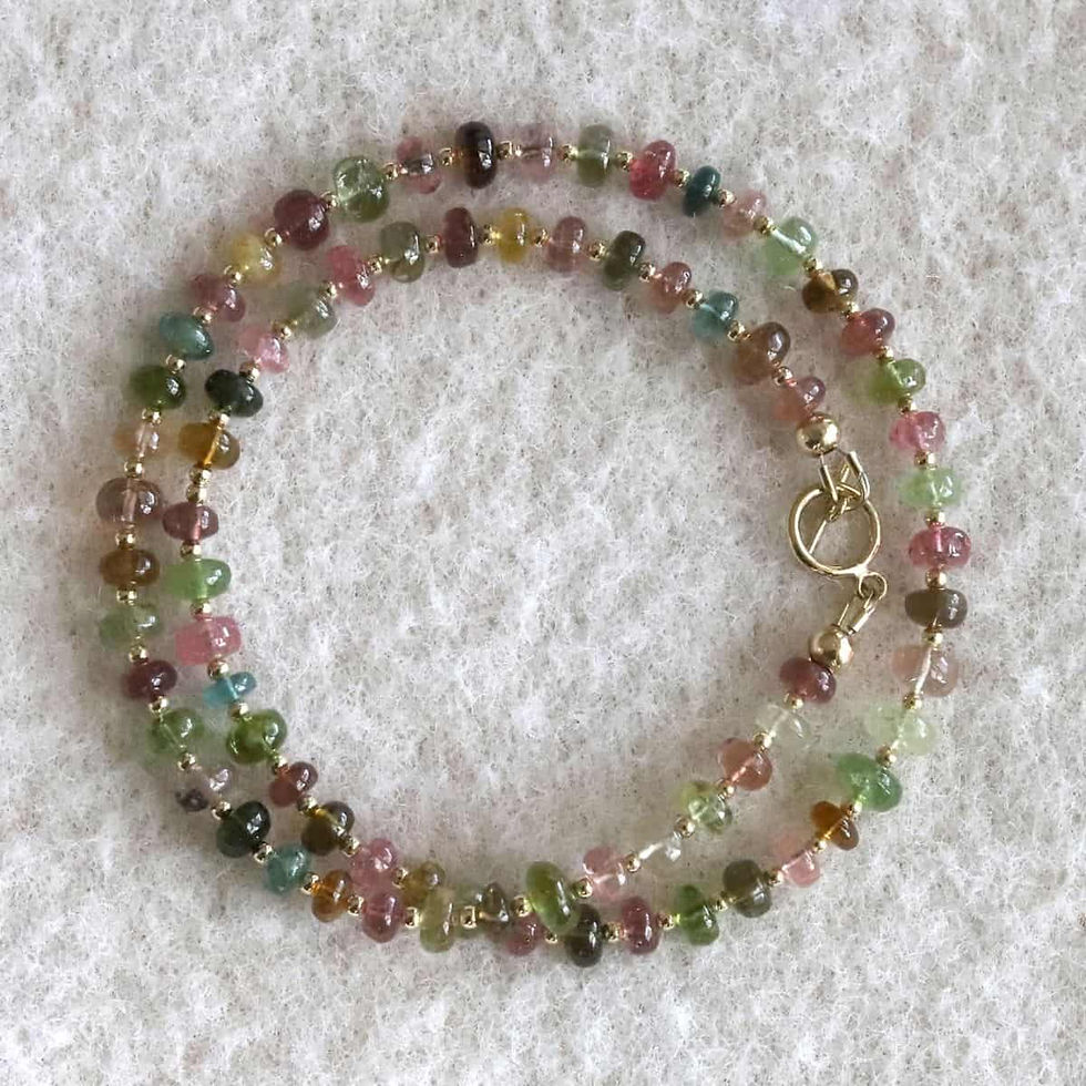 Flat-view, Multicolor Rainbow Tourmaline bead necklace with 14k gold filled toggle, high clarity gemstone and craftsmanship.