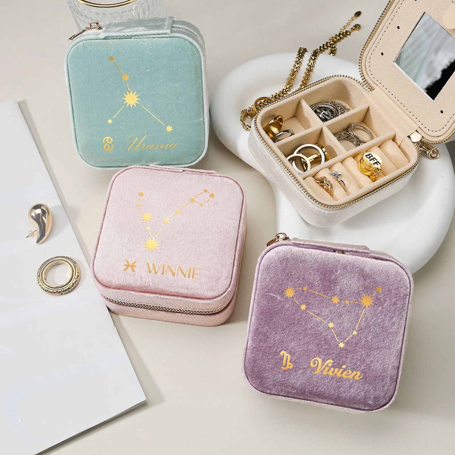 Custom Horoscope Velvet Jewelry Box, Personalized Birthday Jewelry Box, Bridesmaid Gift, Travel Jewelry Case, Constellation Jewelry Box, Gift for Sagittarius