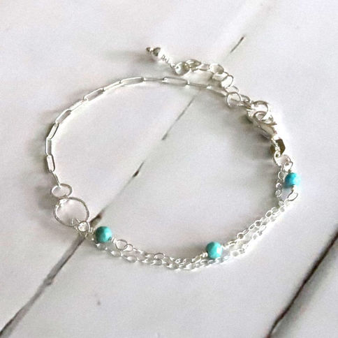 Turquoise sterling silver bracelet, half paperclip and half birthstone station chain, handcrafted piece from Shokoro Handmade