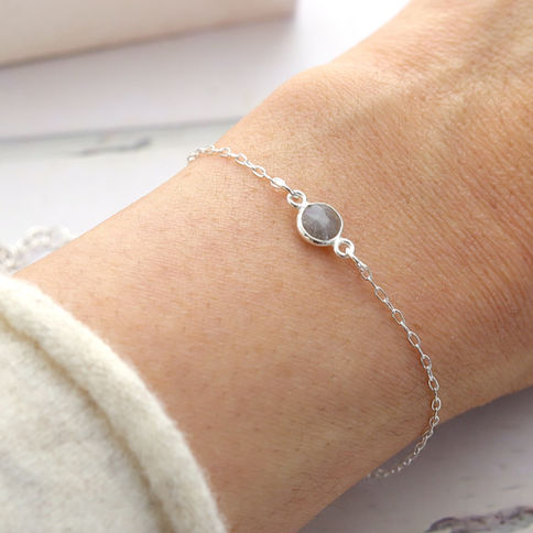 Close-up worn a delicate labradorite silver bracelet, Minimalist jewelry, Beautiful and elegant look for stacking