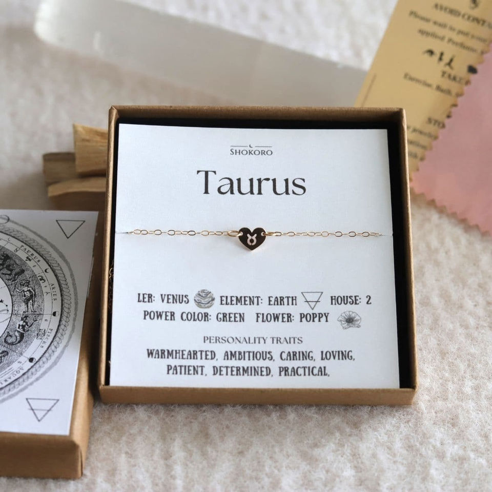 Taurus Zodiac heart necklace gift box with meaning card. Personalized celestial choker gift by Shokoro Handmade Toronto.