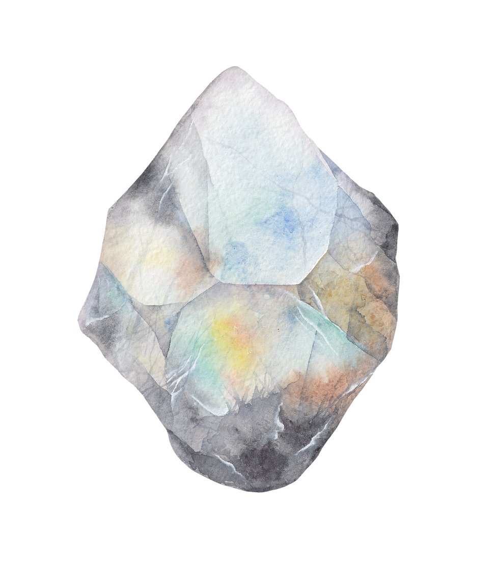 A translucent moonstone with a blue glow and black specks sits on a white background, creating a serene and mystical appearance.